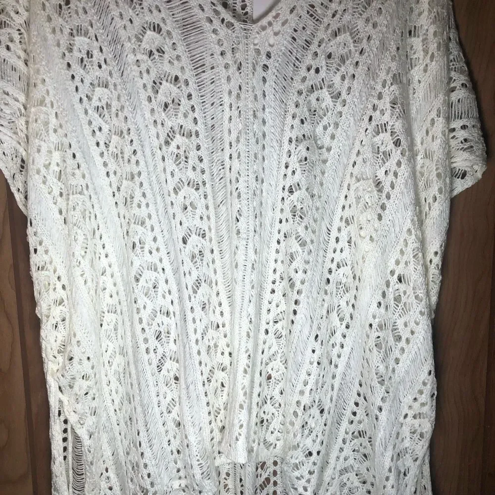 Suzanne Betro White Crochet Swim Coverup with Tassels